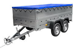Remorque double essieux Garden Trailer 264/2 KIPP avec roue jockey, rehausses de ridelles et bâche plate bleue