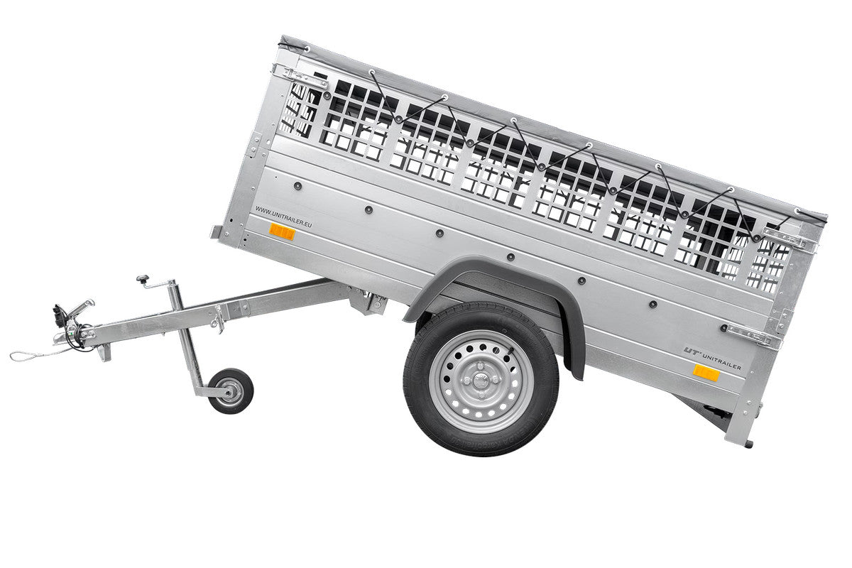 Remorque grillagée 200 x 106 avec bâche plate grise, ridelles grillagées et roue jockey – Garden Trailer 200 KIPP
