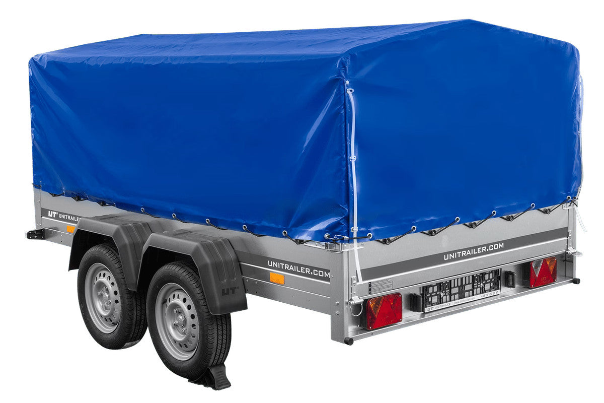 Remorque à deux essieux 264 x 150 UNITRAILER GARDEN 265/2 KIPP avec châssis H-800 et bâche bleue