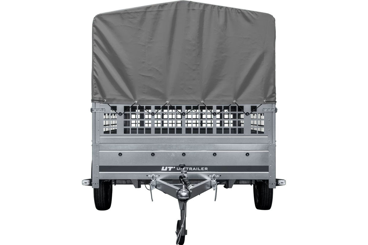 Remorque voiture 264 x 150 UNITRAILER GARDEN 265 KIPP avec ridelles grillagées, arceau H-800 et bâche grise