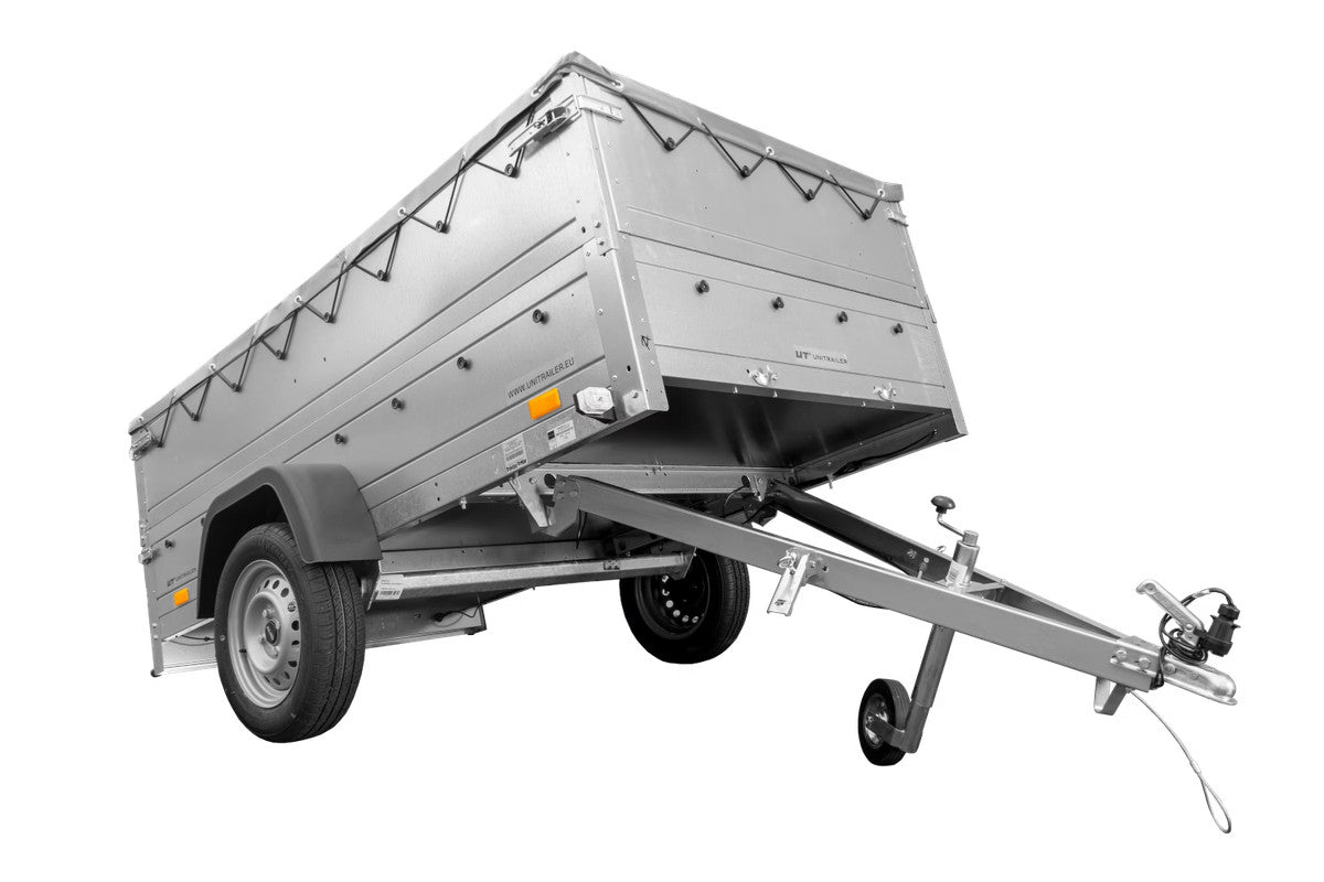Remorque grand volume 230 x 125 avec bâche plate grise, rehausses de ridelles et roue jockey – Garden Trailer 230 KIPP
