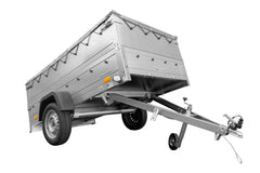 Remorque grand volume 230 x 125 avec bâche plate grise, rehausses de ridelles et roue jockey – Garden Trailer 230 KIPP