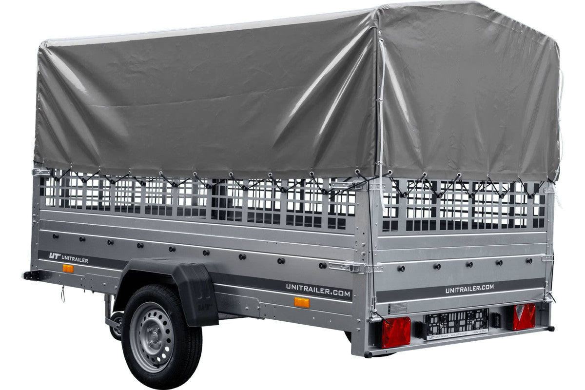 Remorque voiture 264 x 150 UNITRAILER GARDEN 265 KIPP avec ridelles grillagées, arceau H-800 et bâche grise