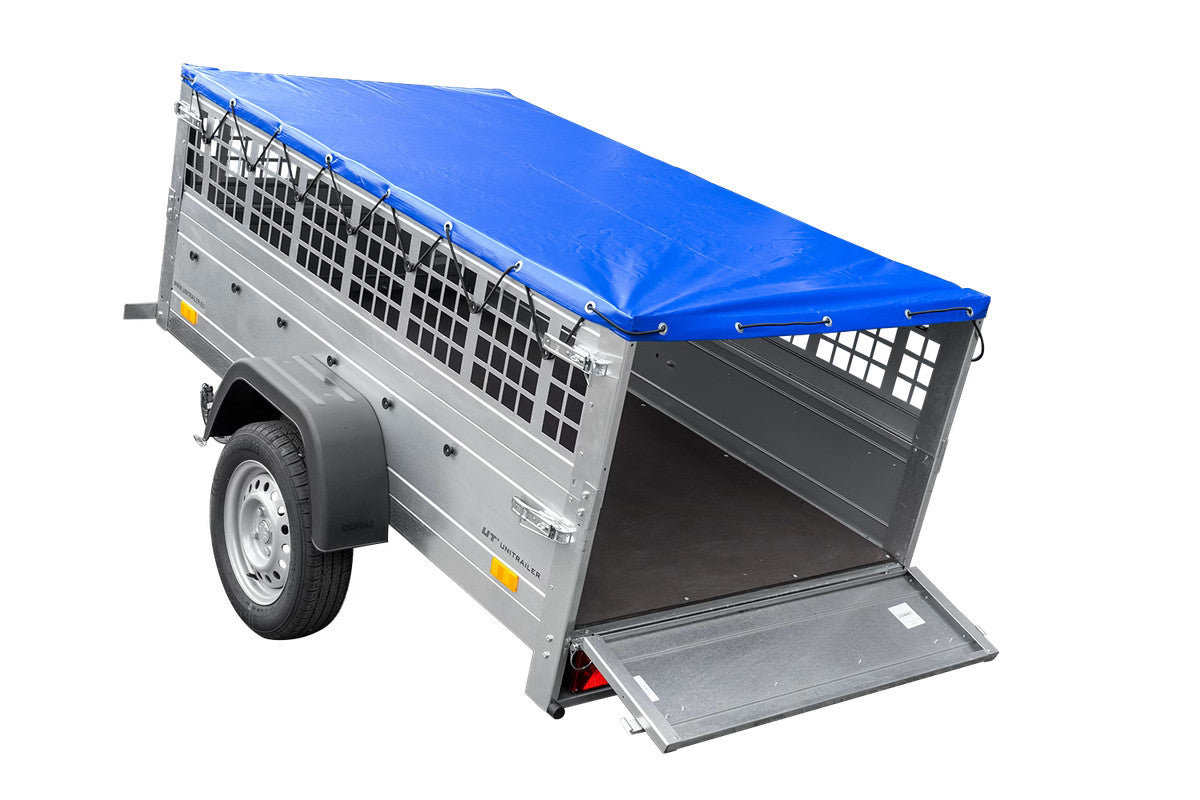 Remorque grillagée 200 x 106 avec bâche plate bleue, ridelles grillagées et roue jockey – Garden Trailer 200 KIPP