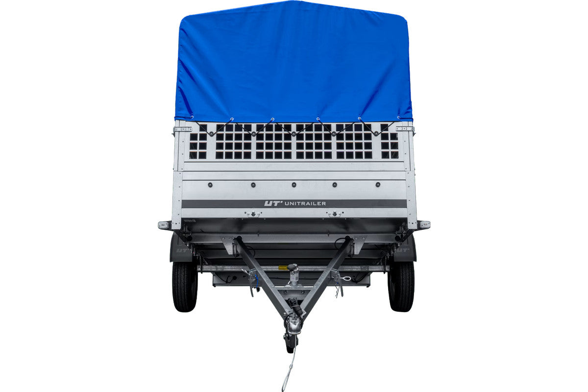 Remorque voiture 264 x 150 UNITRAILER GARDEN 265 KIPP avec ridelles grillagées, arceau H-800 et bâche bleue