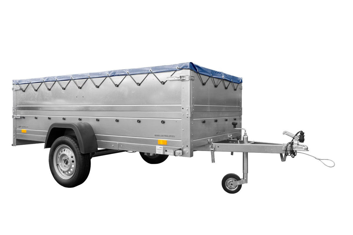 Remorque simple essieu Unitrailer GARDEN TRAILER 264 KIPP avec rehausses de ridelles et bâche plate bleue