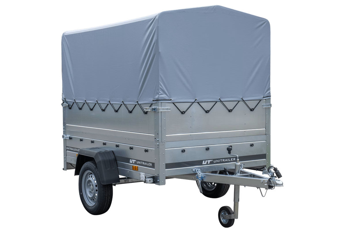 Remorque simple essieu 200 x 125 avec bâche haute, arceau, rehausses de ridelles et roue jockey – Garden Trailer 201 KIPP