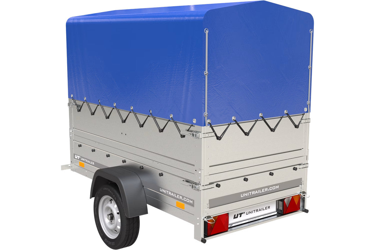 Remorque Garden Trailer 200 Kipp avec roue jockey, rehausses supplémentaire, arceau H-800 et bâche bleue