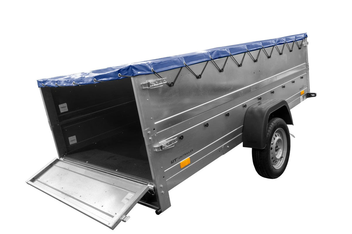 Remorque simple essieu Unitrailer GARDEN TRAILER 264 KIPP avec rehausses de ridelles et bâche plate bleue