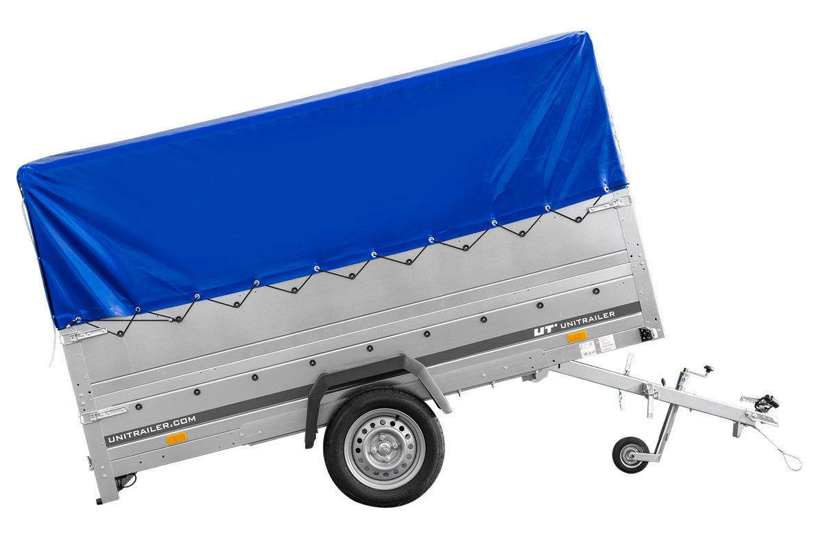 Remorque à un essieu 264 x 150 UNITRAILER GARDEN 265 KIPP avec ridelles BIS, arceau H-800 et bâche bleue