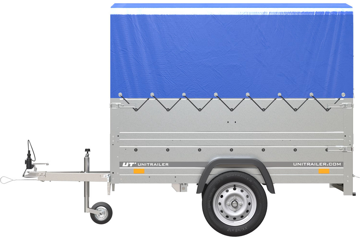 Remorque Garden Trailer 200 Kipp avec roue jockey, rehausses supplémentaire, arceau H-800 et bâche bleue