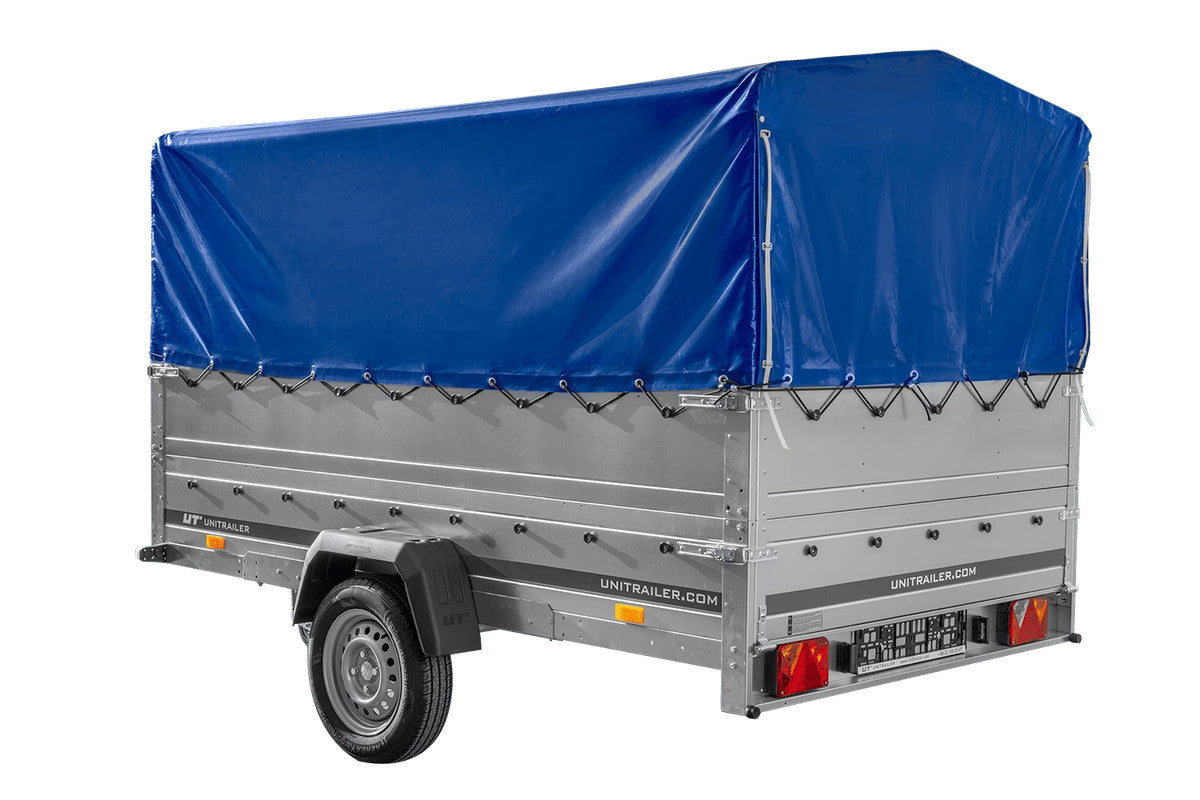 Remorque à un essieu 264 x 150 UNITRAILER GARDEN 265 KIPP avec ridelles BIS, arceau H-800 et bâche bleue