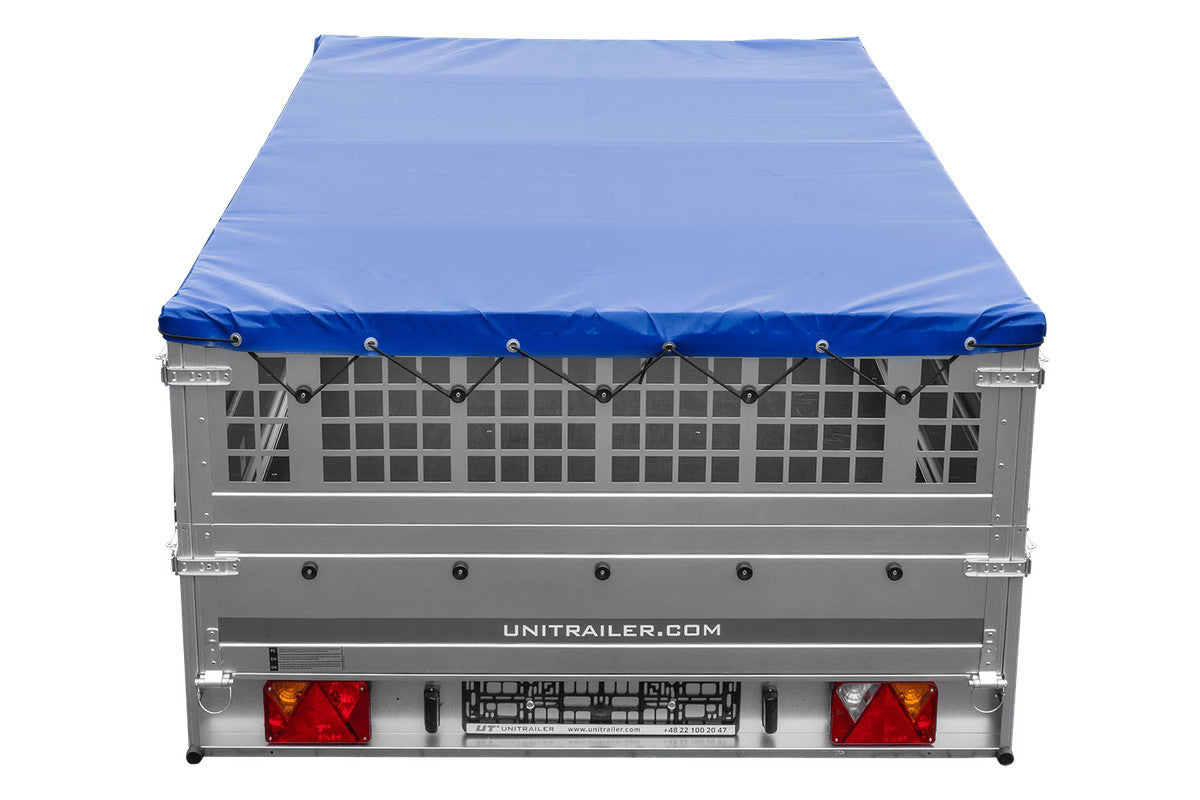 Remorque légère 264 x 150 UNITRAILER GARDEN 265 KIPP avec ridelles grillagées, châssis H-0 et bâche bleue