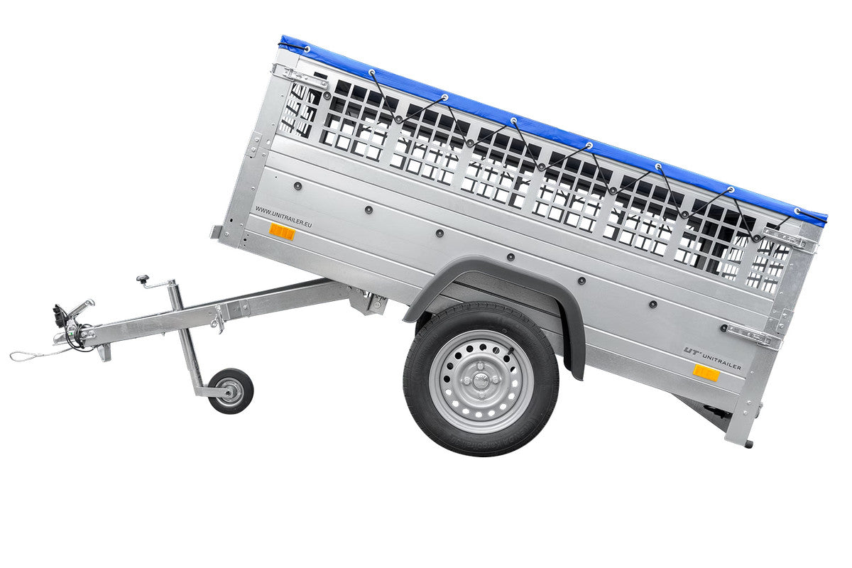 Remorque grillagée 200 x 106 avec bâche plate bleue, tiges de support bâche, ridelles grillagées et roue jockey – Garden Trailer 200 KIPP