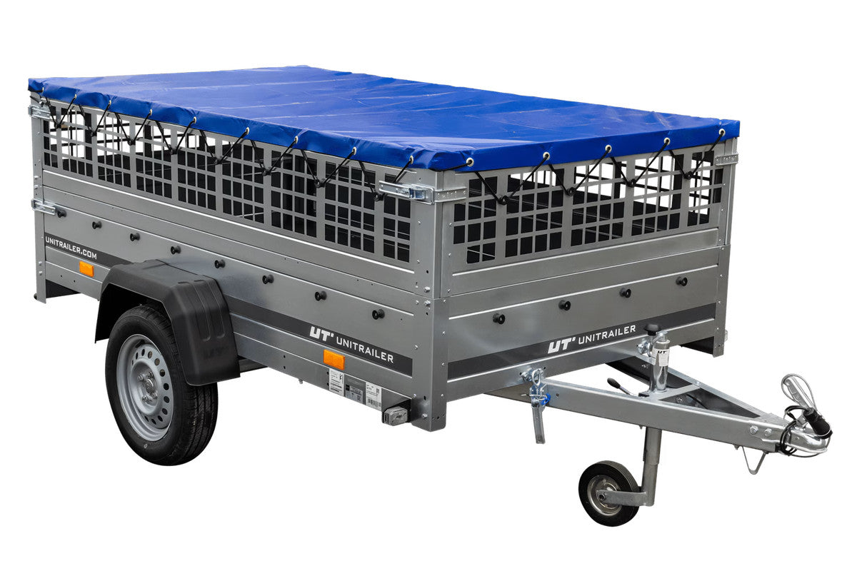 Remorque sans frein 230 x 125 avec bâche plate bleue, ridelles grillagées et roue jockey – Garden Trailer 230 KIPP