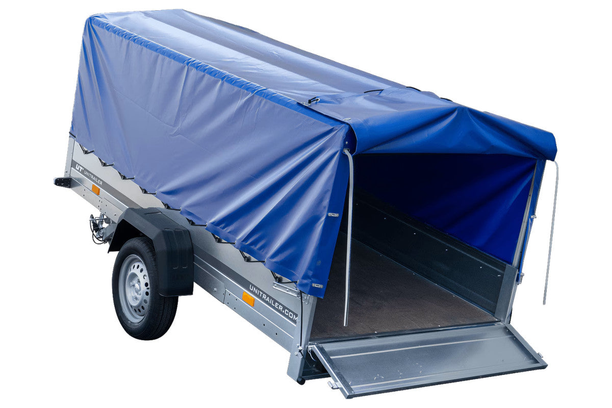 Remorque voiture longue GARDEN TRAILER 264 KIPP avec roue jockey et bâche bleue