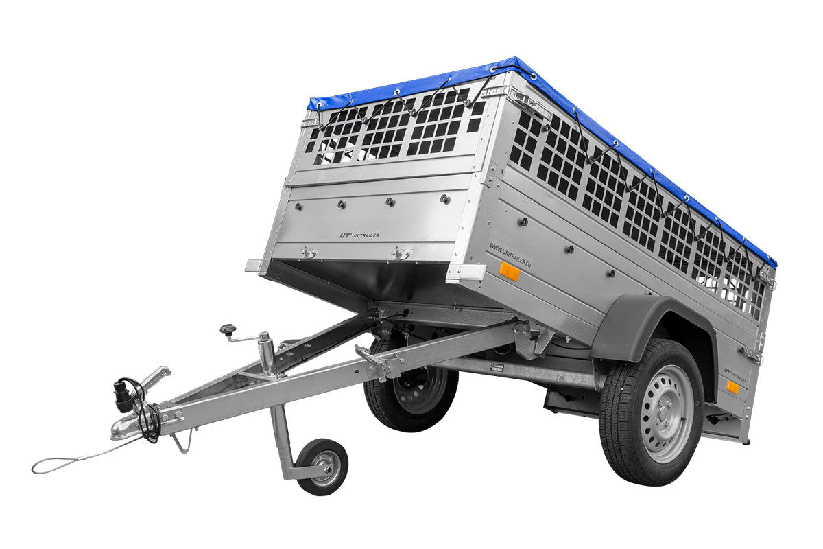 Remorque grillagée 200 x 106 avec bâche plate bleue, ridelles grillagées et roue jockey – Garden Trailer 200 KIPP