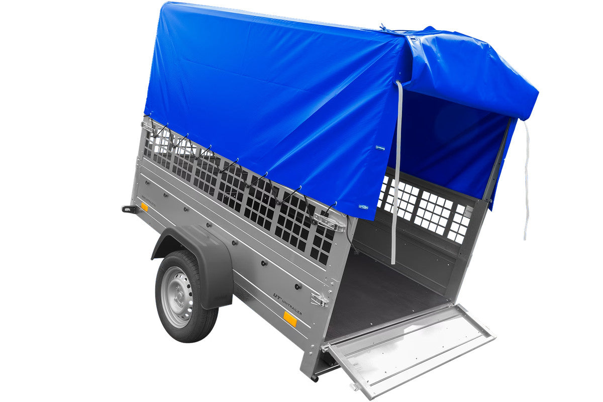 Remorque neuve à vendre Garden Trailer 201 KIPP 500 kg 200 x 125 cm [avec bâche haute bleue, arceau, ridelles grillagées et roue jockey]