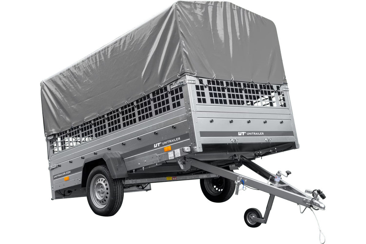 Remorque voiture 264 x 150 UNITRAILER GARDEN 265 KIPP avec ridelles grillagées, arceau H-800 et bâche grise