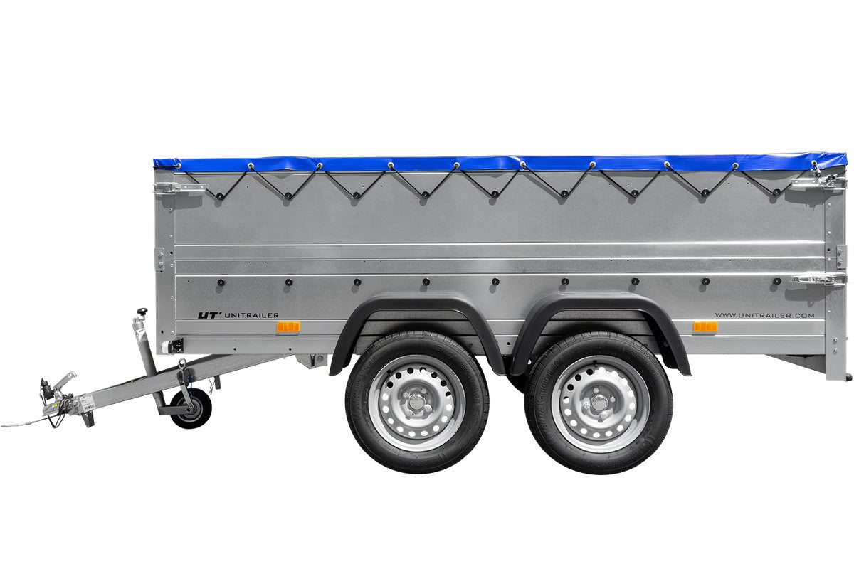Remorque double essieux Garden Trailer 264/2 KIPP avec roue jockey, rehausses de ridelles et bâche plate bleue
