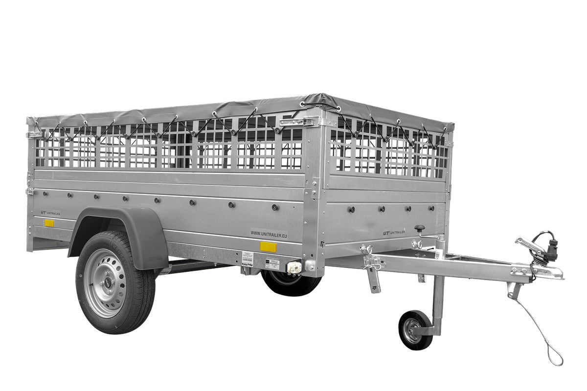 Remorque grand volume 230 x 125 avec bâche plate, ridelles grillagées, roue jockey et tiges de support bâche – Garden Trailer 230 KIPP