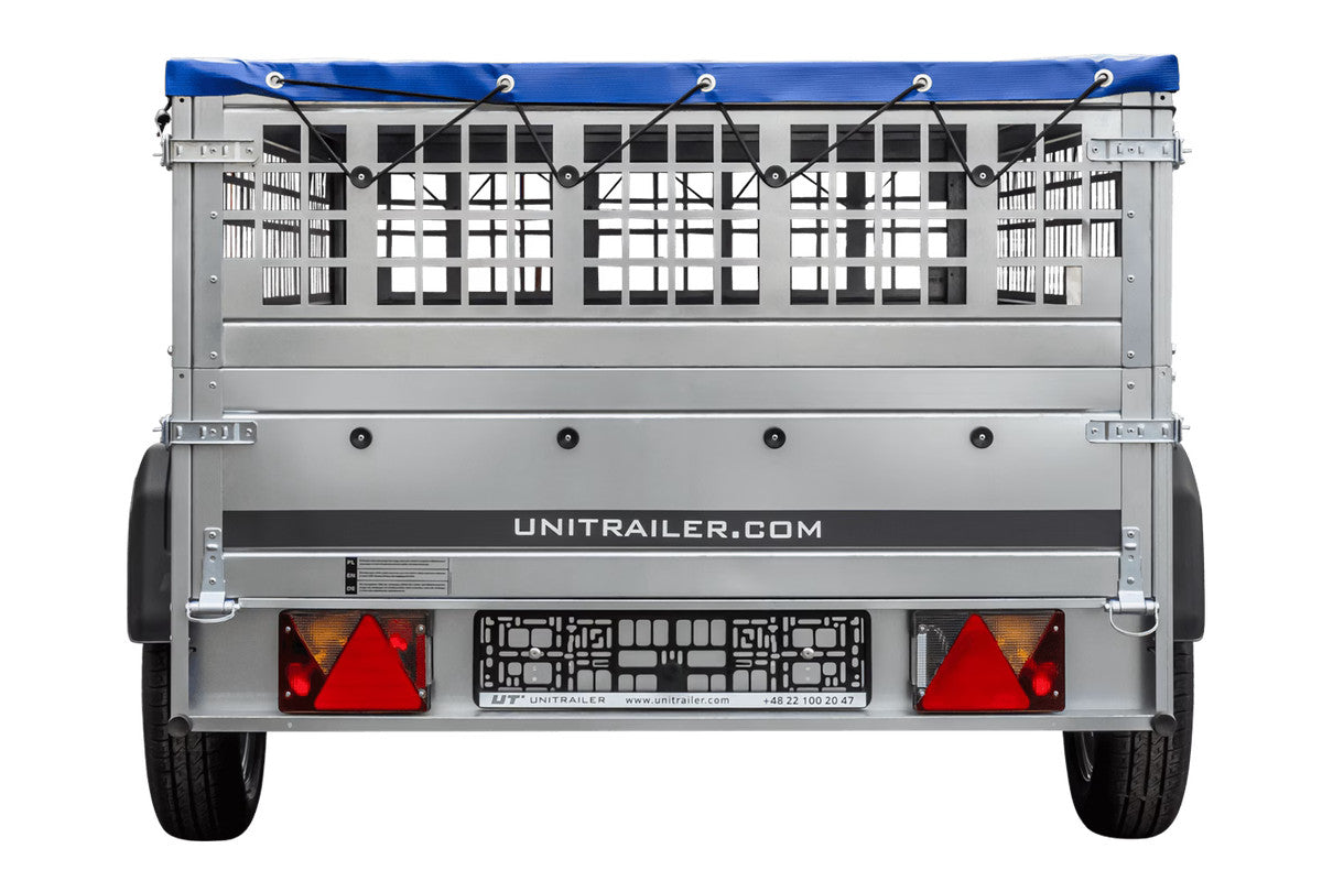 Remorque sans frein 230 x 125 avec bâche plate bleue, ridelles grillagées et roue jockey – Garden Trailer 230 KIPP