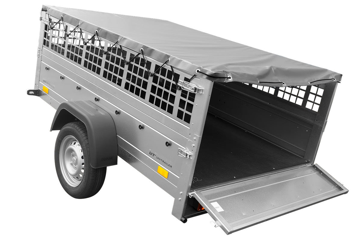 Remorque voiture utilitaire 200 x 125 avec bâche plate, ridelles grillagées et roue jockey – Garden Trailer 201 KIPP