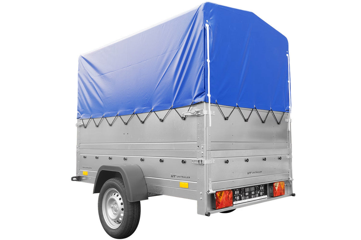 Remorque simple essieu 200 x 125 avec bâche haute, arceau, rehausses de ridelles et roue jockey – Garden Trailer 201 KIPP