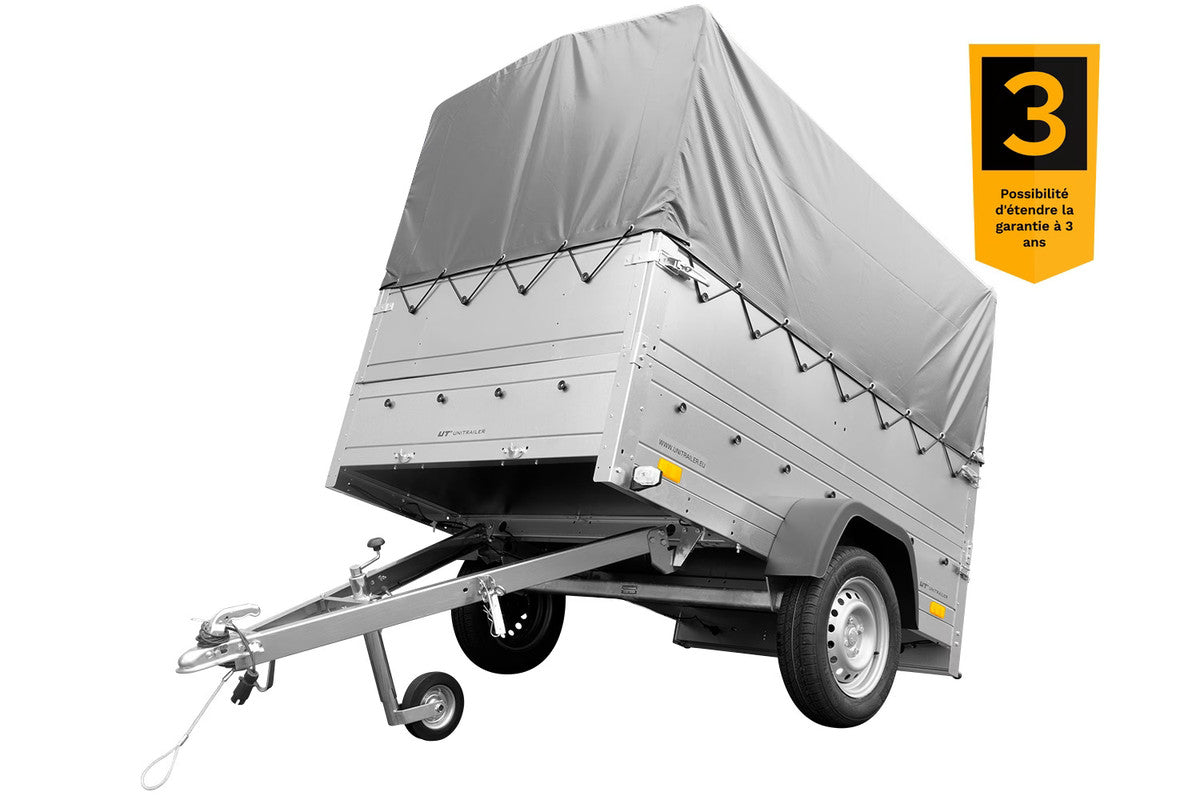 Remorque simple essieu 200 x 106 avec bâche haute, arceau, rehausses de ridelles et roue jockey – Garden Trailer 200 KIPP