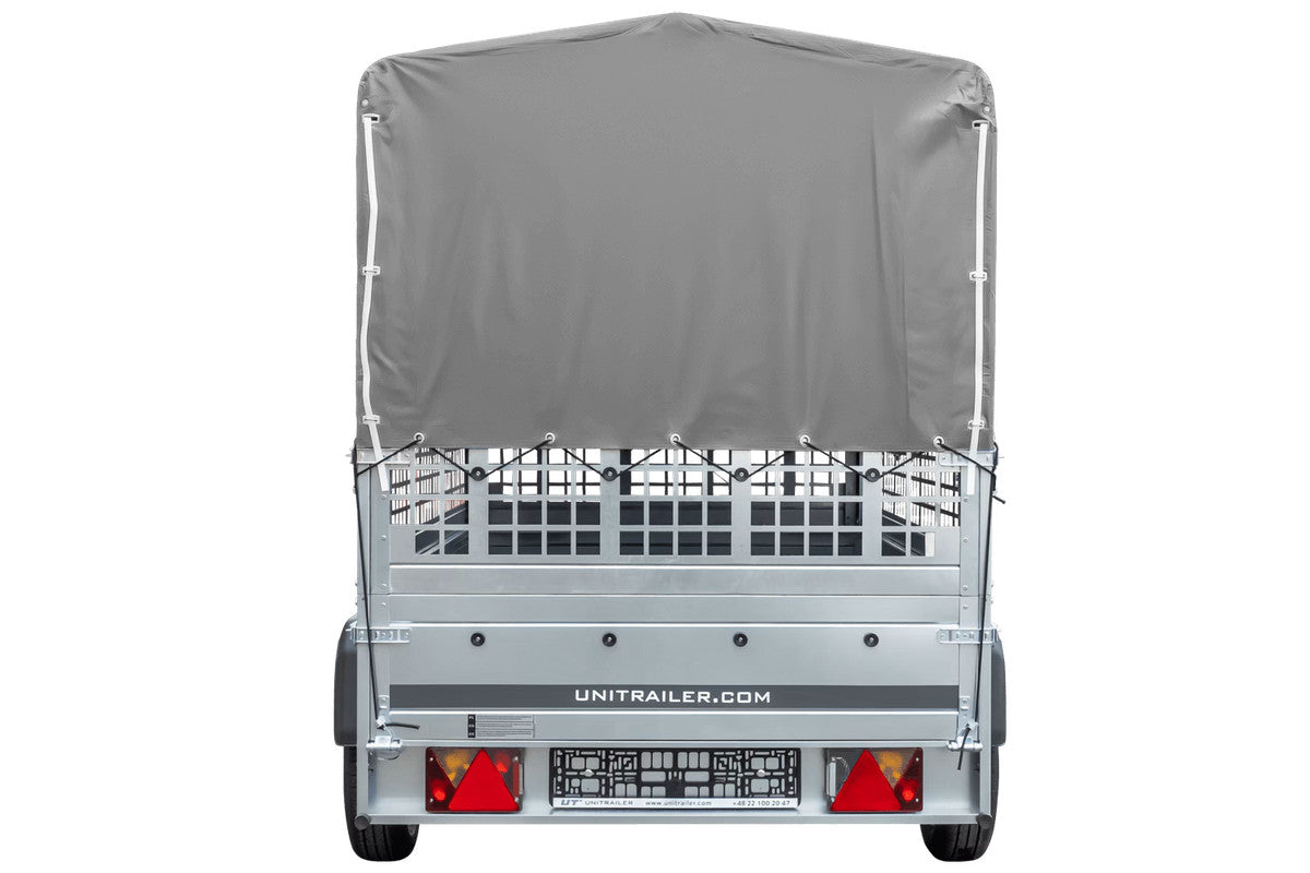 Remorque grand volume 230 x 125 avec bâche haute grise, ridelles grillagées et roue jockey – Garden Trailer 230 KIPP