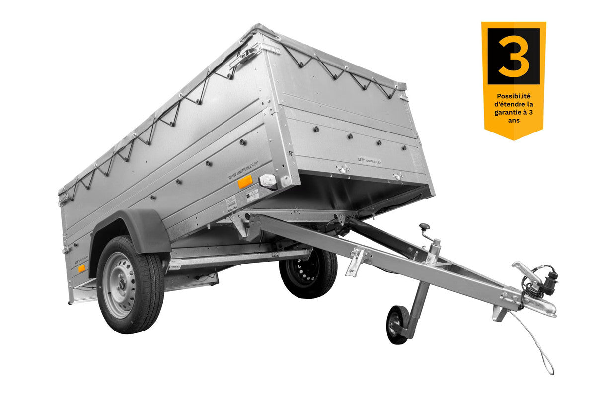 Remorque grand volume 230 x 125 avec bâche plate grise, rehausses de ridelles et roue jockey – Garden Trailer 230 KIPP