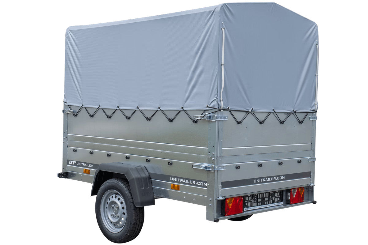 Remorque simple essieu 200 x 125 avec bâche haute, arceau, rehausses de ridelles et roue jockey – Garden Trailer 201 KIPP