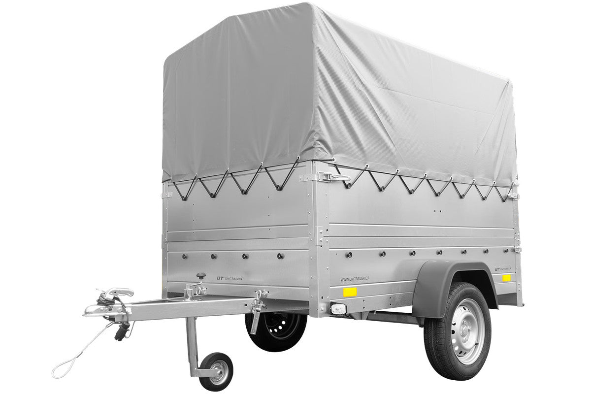 Remorque simple essieu 200 x 106 avec bâche haute, arceau, rehausses de ridelles et roue jockey – Garden Trailer 200 KIPP