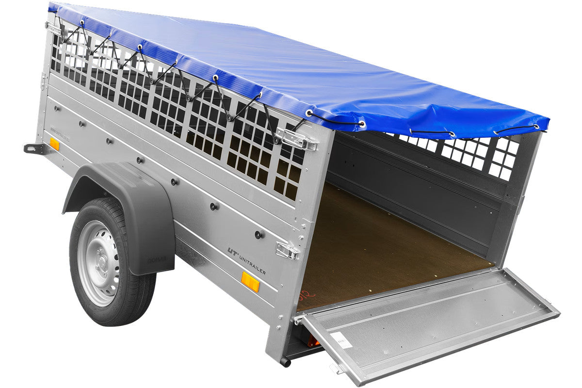 Remorque simple essieu 200 x 125 avec bâche plate, tiges de support bâche, ridelles grillagées et roue jockey – Garden Trailer 201 KIPP