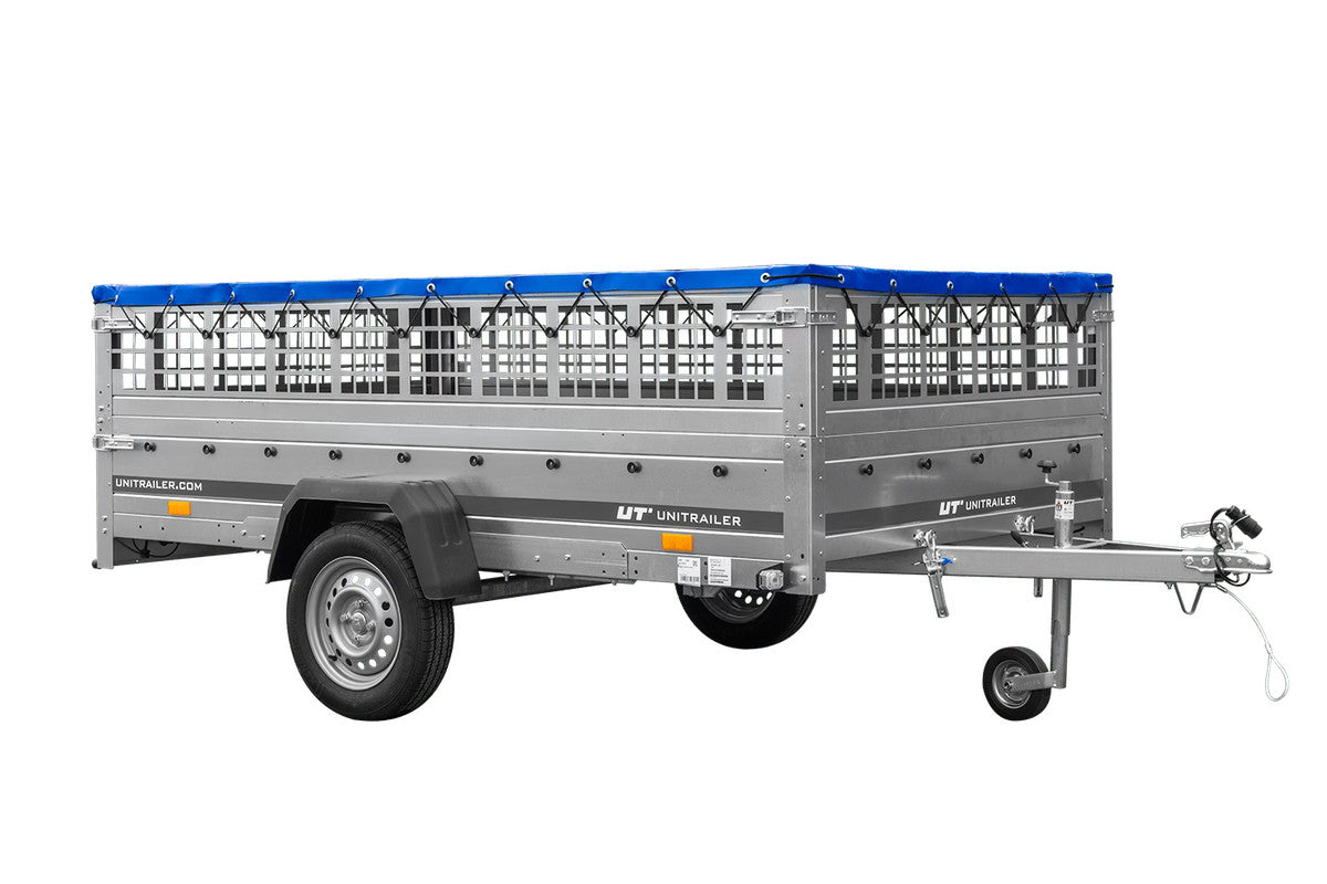 Remorque légère 264 x 150 UNITRAILER GARDEN 265 KIPP avec ridelles grillagées, châssis H-0 et bâche bleue