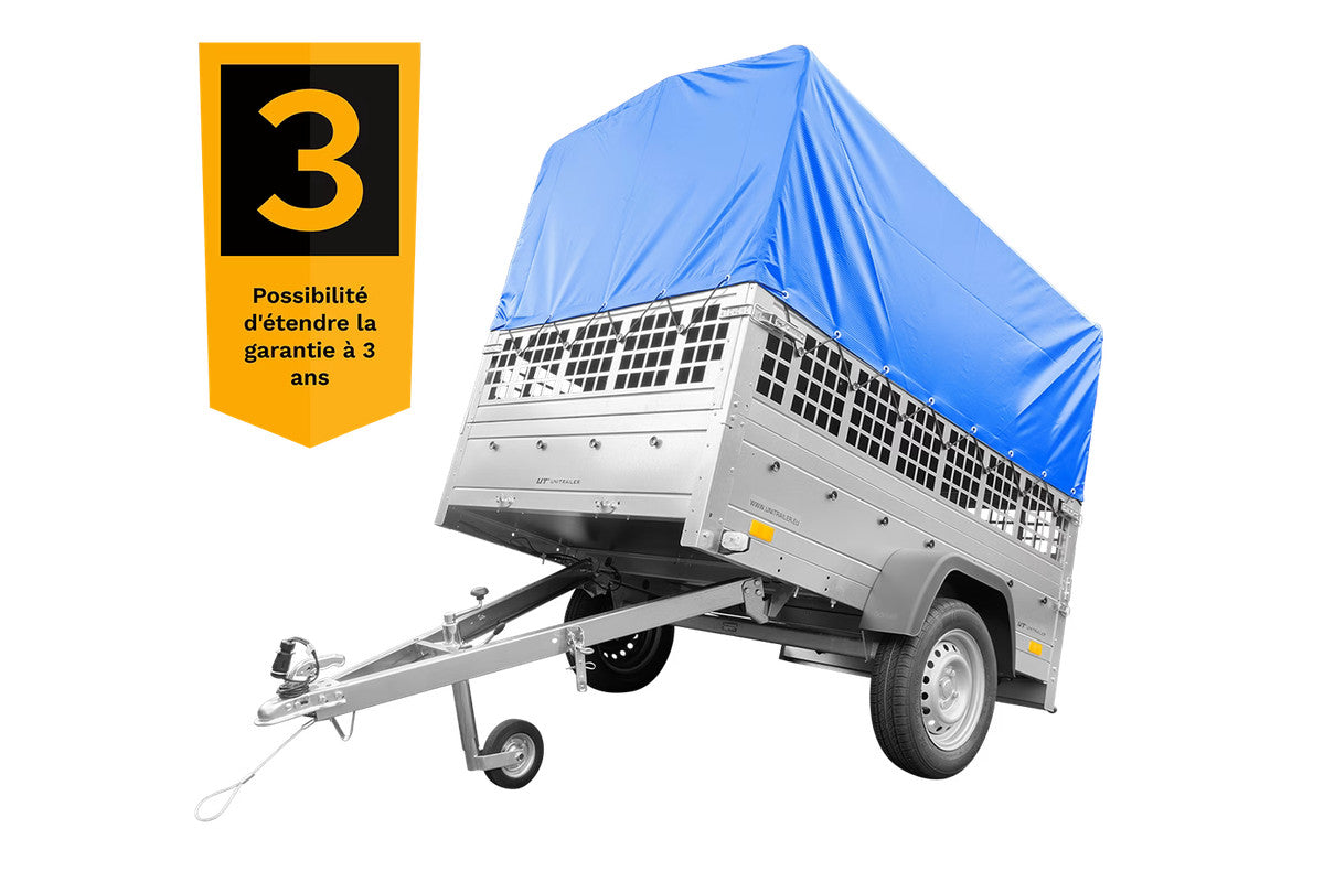 Remorque neuve à vendre Garden Trailer 201 KIPP 500 kg 200 x 125 cm [avec bâche haute bleue, arceau, ridelles grillagées et roue jockey]