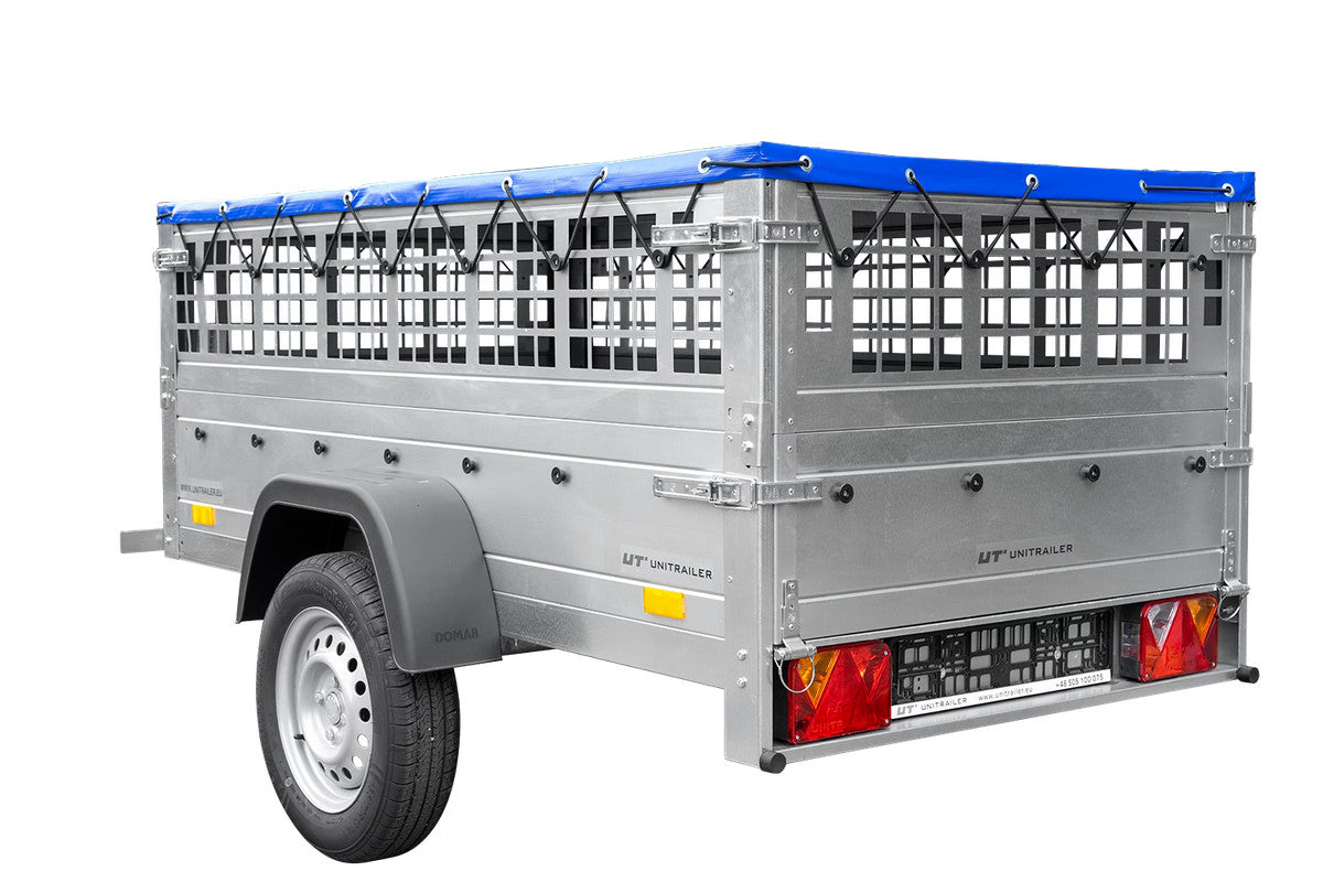 Remorque grillagée 200 x 106 avec bâche plate bleue, ridelles grillagées et roue jockey – Garden Trailer 200 KIPP