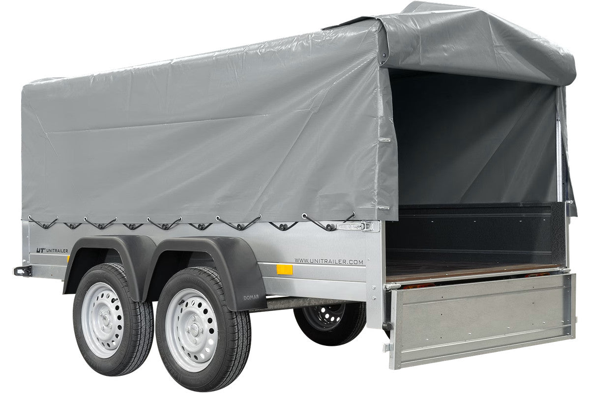REMORQUE DOUBLE ESSIEUX UNITRAILER 264/2 KIPP AVEC ROUE JOCKEY, ARCEAU ET bâche GRISE
