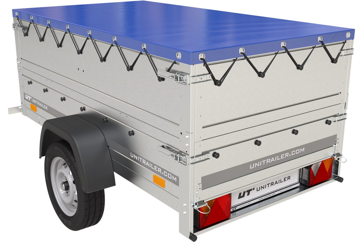 Remorque Garden Trailer 200 Kipp avec roue jockey, rehausses, châssis H-0 et bâche bleue