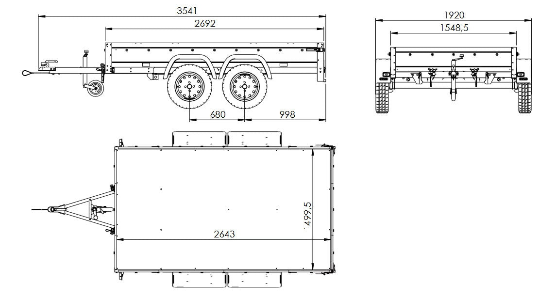 Remorque à deux essieux 264 x 150 UNITRAILER GARDEN 265/2 KIPP avec châssis H-1100 et bâche bleue