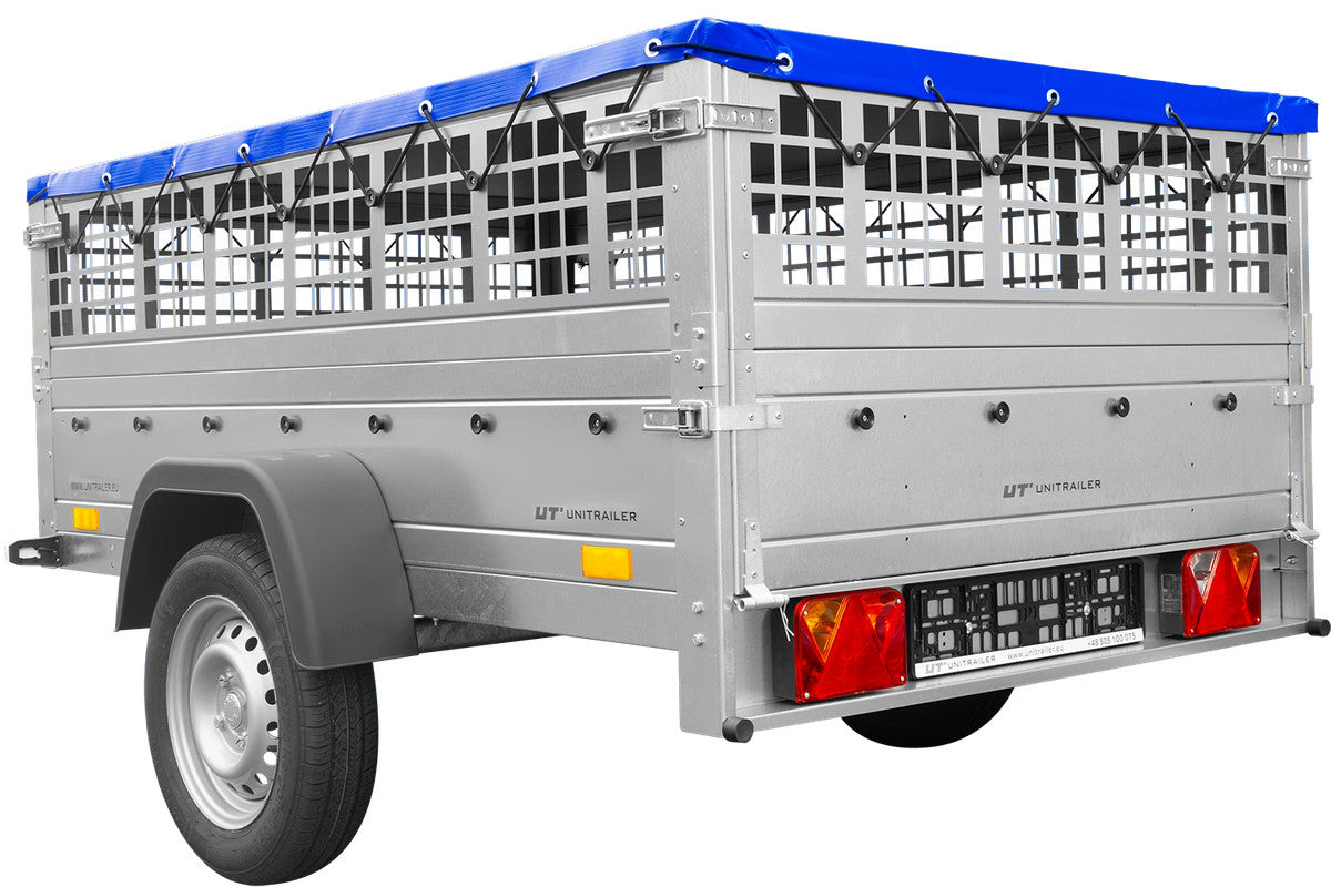 Remorque simple essieu 200 x 125 avec bâche plate, tiges de support bâche, ridelles grillagées et roue jockey – Garden Trailer 201 KIPP