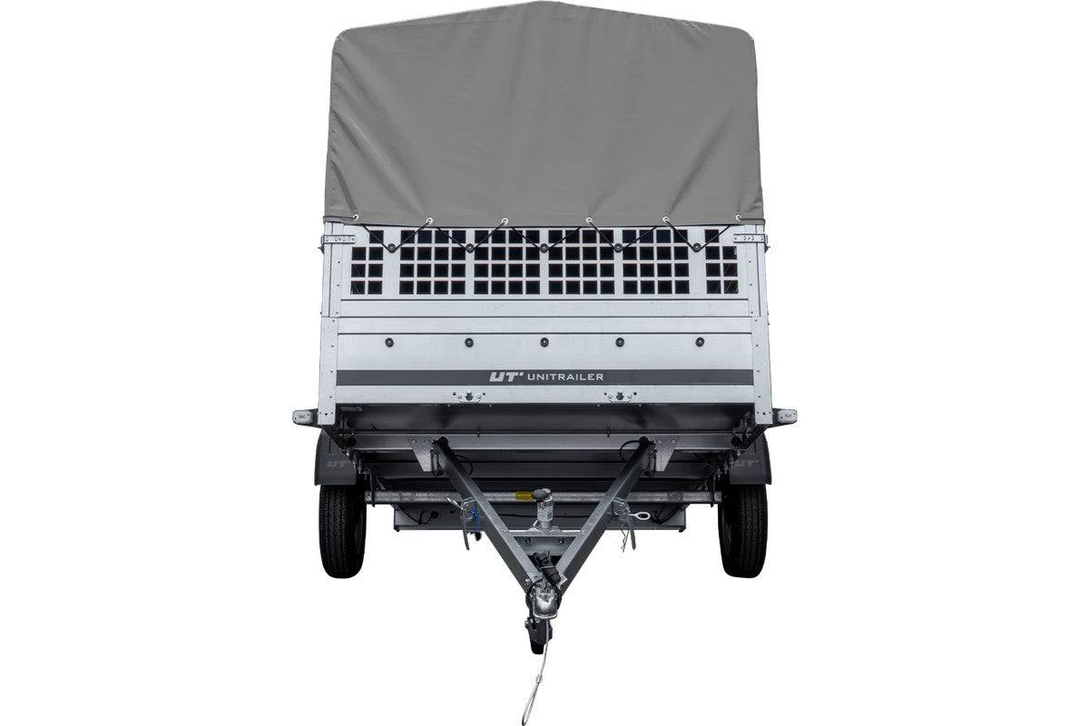 Remorque voiture 264 x 150 UNITRAILER GARDEN 265 KIPP avec ridelles grillagées, arceau H-800 et bâche grise