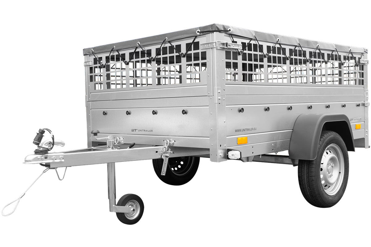 Remorque grillagée 200 x 125 avec bâche plate grise, tiges de support bâche, ridelles grillagées et roue jockey – Garden Trailer 201 KIPP