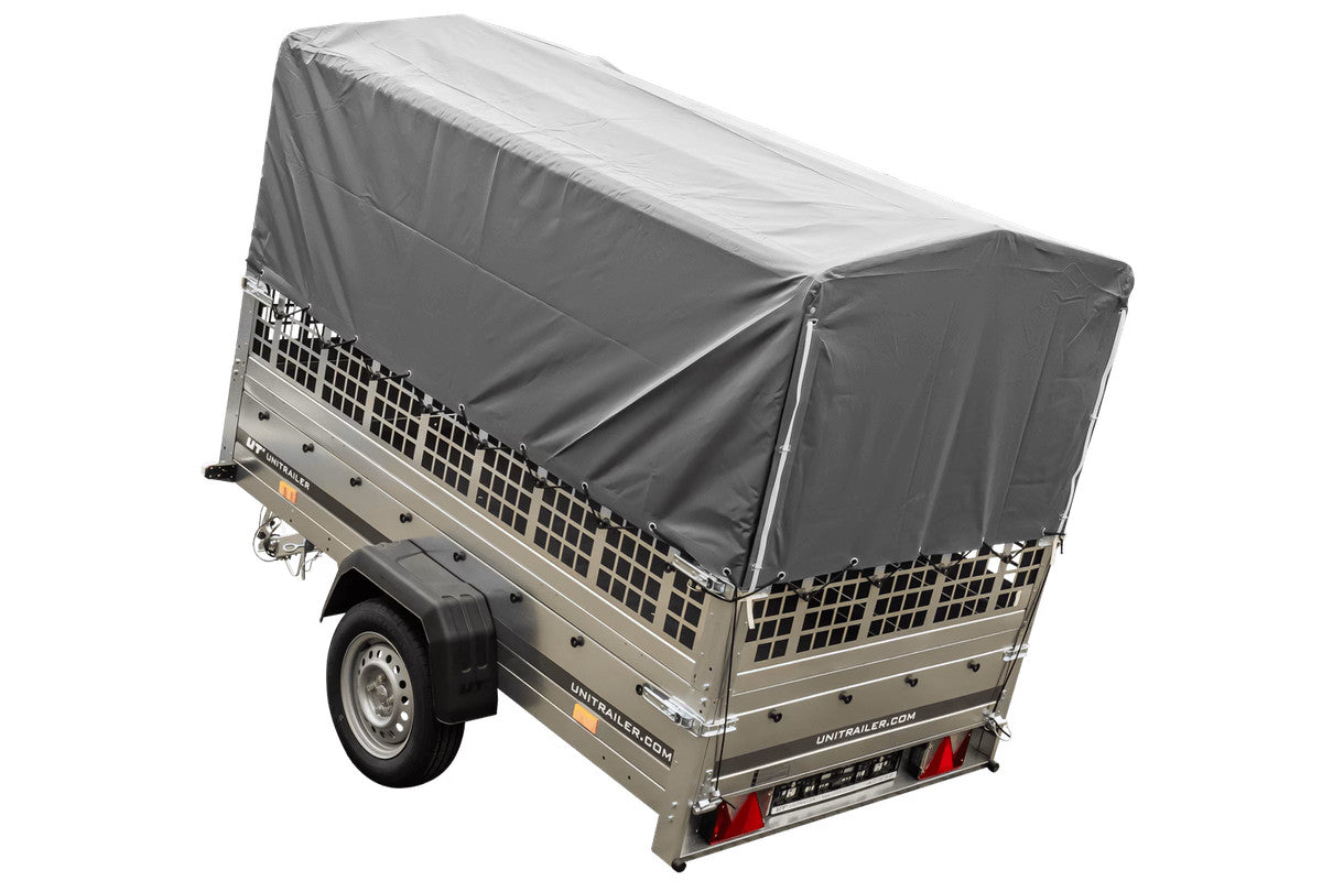 Remorque grand volume 230 x 125 avec bâche haute grise, ridelles grillagées et roue jockey – Garden Trailer 230 KIPP
