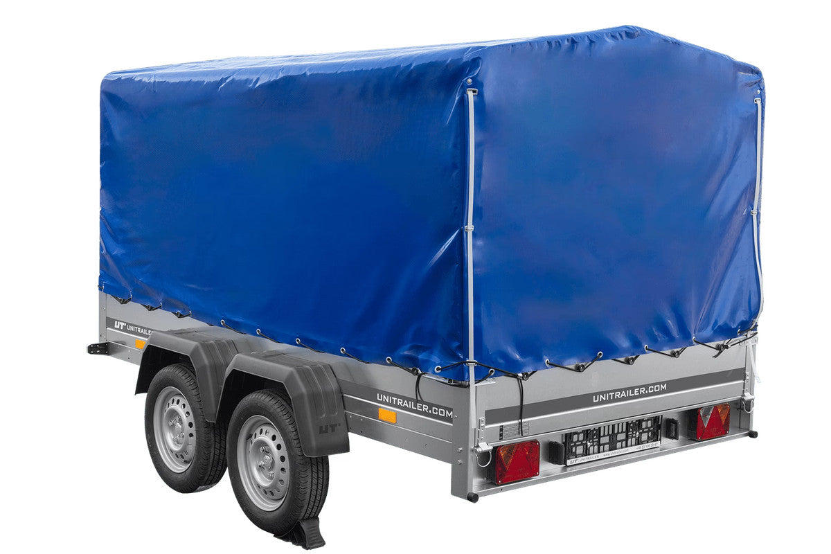Remorque à deux essieux 264 x 150 UNITRAILER GARDEN 265/2 KIPP avec châssis H-1100 et bâche bleue