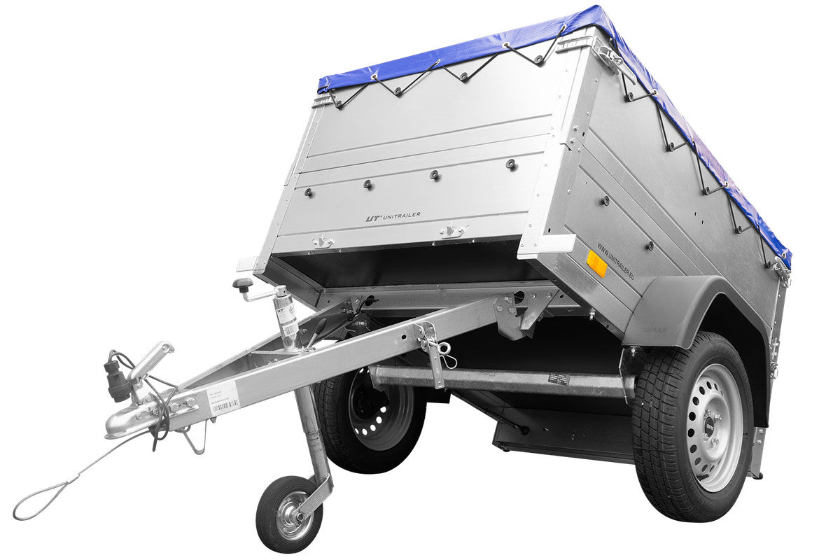 Remorque petite à vendre à benne basculante – Garden Trailer 150 KIPP [avec rehausses de ridelles et bâche plate bleue]