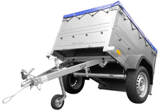 Remorque petite à vendre à benne basculante – Garden Trailer 150 KIPP [avec rehausses de ridelles et bâche plate bleue]