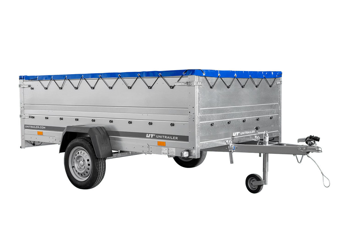 Remorque à essieu simple 264 x 150 UNITRAILER GARDEN 265 KIPP avec ridelles BIS, châssis H-0 et bâche bleue