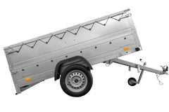 Remorque grand volume 230 x 125 avec bâche plate grise, rehausses de ridelles et roue jockey – Garden Trailer 230 KIPP