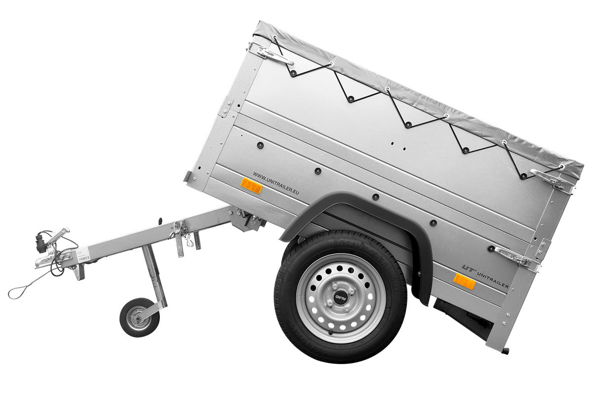 Remorque petite à vendre à benne basculante – Garden Trailer 150 KIPP [avec rehausses de ridelles et bâche plate grise]